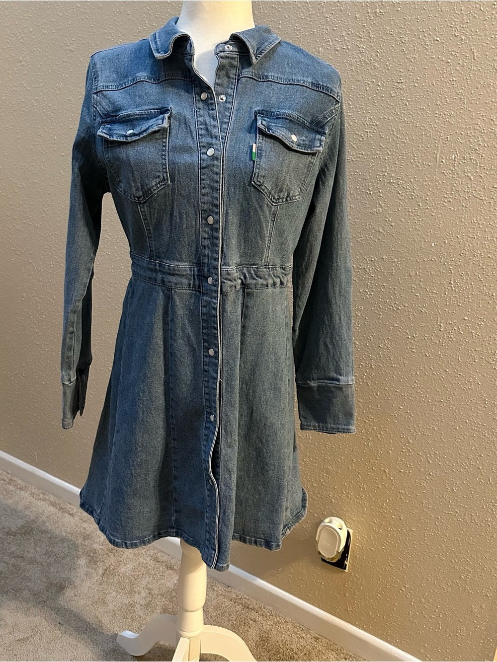 Western Denim Fit And Flare Mini Dress Pearl Snap Button Collar Pockets Sz M